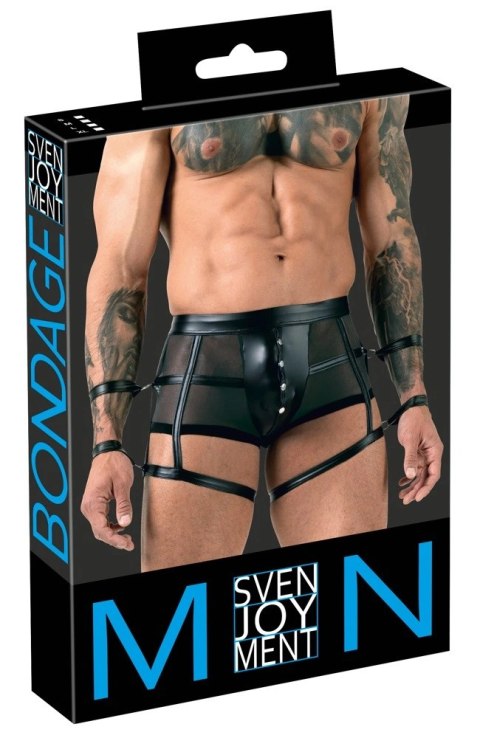Svenjoyment Bondage XL - Czarne spodnie z mankietami na ręce i nogi