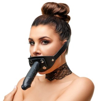 ZADO Double Gag System Skorzany z Paskiem na Głowę Czarny 13 cm