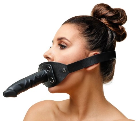 ZADO Double Gag System Skorzany z Paskiem na Głowę Czarny 13 cm