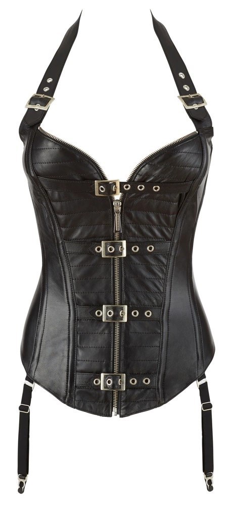 ZADO Skorzany Gorset Czarny Nappa z Paskami do Pończoch S