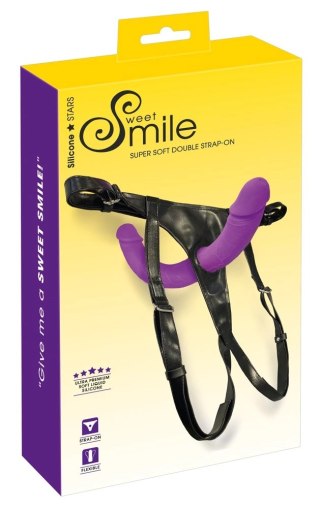 Sweet Smile Double Strap-On Fioletowy - Regulowana uprząż z silikonowymi wkładami