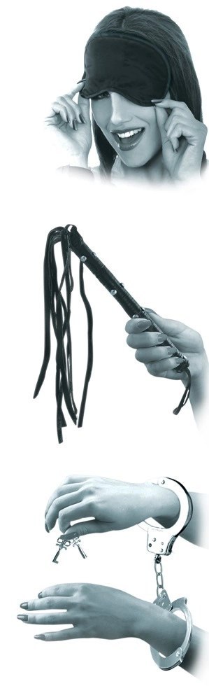 Fetish Zestaw akcesoriow do gry - kajdanki, maska, pejcz, czarny