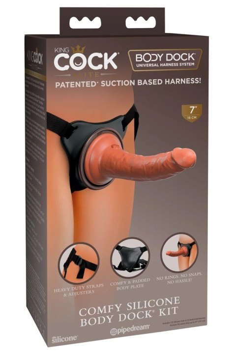 King Cock Elite Comfy Body Dock zestaw uprząż + model silikonowy 18 cm ciemny