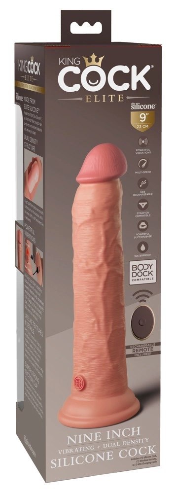 King Cock Elite Silikonowy Model Wibracyjny 23 cm z Przyssawką Pilot Ciemny