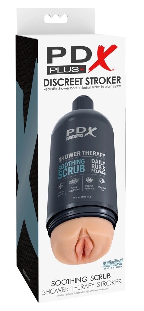 PDX Plus Shower Soothing Scrub - Dyskretna maszyna intymna, butelka szamponu, 20,7 cm