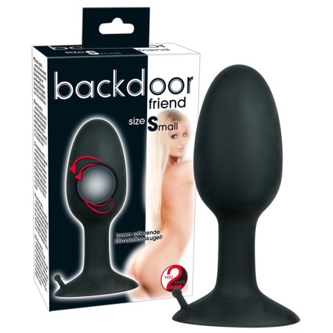 Backdoor Friend mały silikonowy korek z kulką stymulacyjną 8 cm czarny