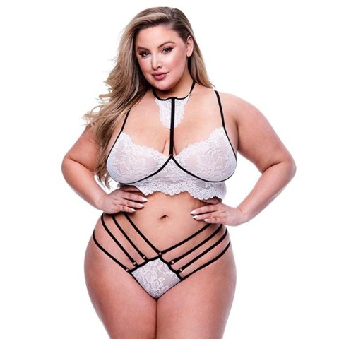 Baci Queen 2-częściowy biały zestaw koronkowy z paseczkami Plus Size