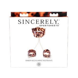 Sportsheets Obroża i Mankiety Amber - modny zestaw z pozłacanymi łańcuszkami