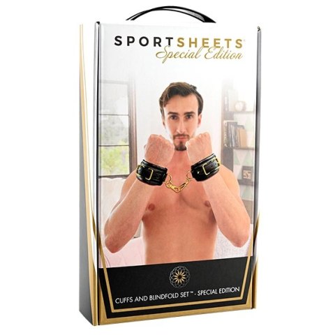 Sportsheets Cuffs & Blindfold Set Special Edition - Złote Detale, Sztuczna Skora