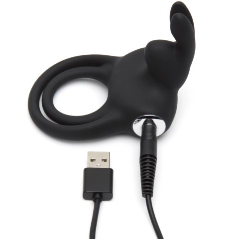 Happy Rabbit Black - silikonowy pierścień wibrujący z 2 pętlami, USB
