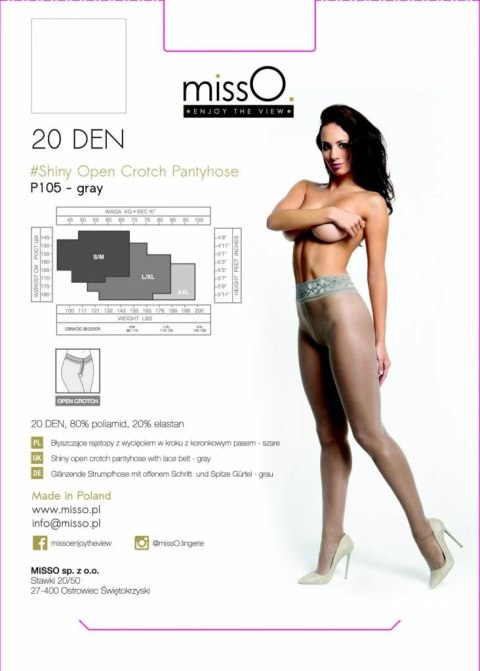 MissO P105 Rajstopy z wycięciem szare S/M, koronka, połysk