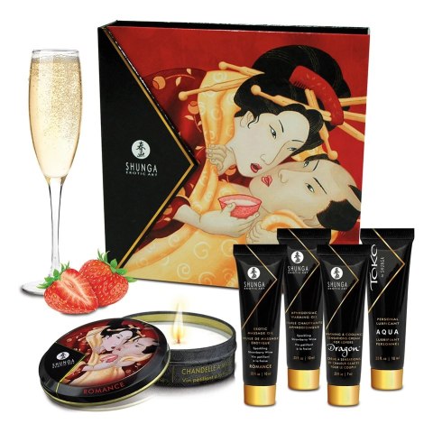 Shunga Geishas Secret Kit Sparkling Strawberry Wine - Zestaw Miniatur do Masażu i Pielęgnacji