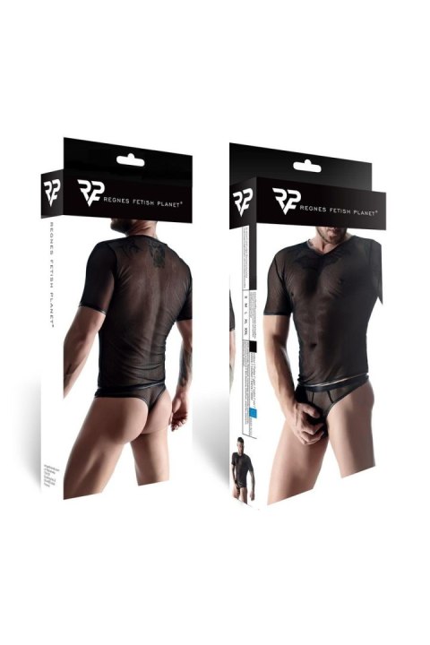 Męski komplet z elastycznej siatki: t-shirt w serek, stringi XL
