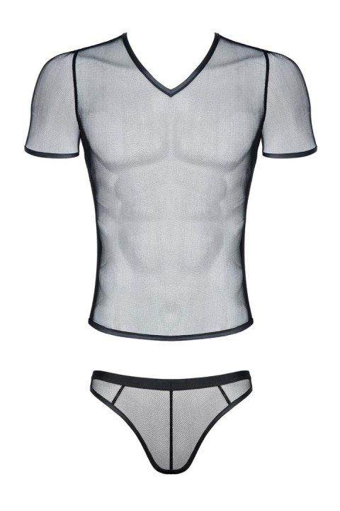 Męski komplet z elastycznej siatki: t-shirt w serek, stringi S