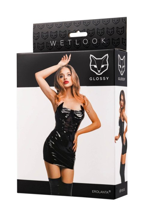 Glossy Mirabell, dress, wetlook, black, M