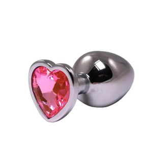 Silver medium heart-shaped butt plug with pink crystal