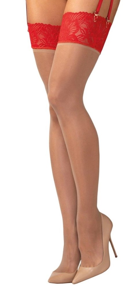 Obsessive Matildea Pończochy 2XL/3XL z Czerwoną Koronką, Beżowe
