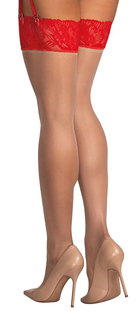 Obsessive Matildea Pończochy 2XL/3XL z Czerwoną Koronką, Beżowe