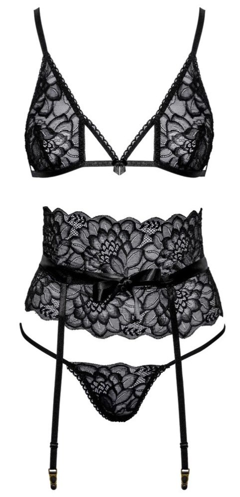 Kissable Komplet Koronkowy z Paskami do Pończoch Czarny L/XL
