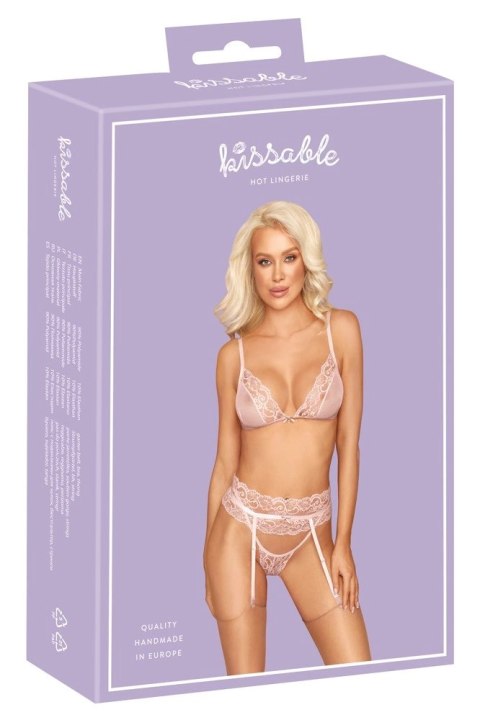 Kissable Komplet bielizny S/M z pasem do pończoch, rożowy, koronka