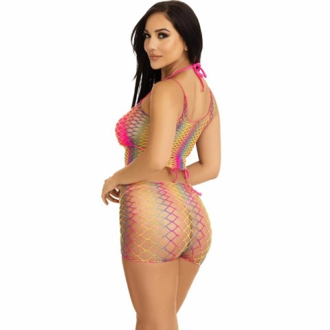 Leg Avenue Rainbow Twisted Fishnet - komplet top i szorty, wielokolorowy, uniwersalny
