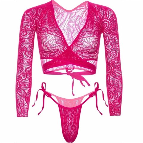 Leg Avenue komplet koronkowy top + figi wiązane rożowy uniwersalny