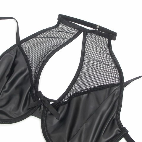 SUBBLIME Komplet Lingerie Skorzany Czarny L/XL Halter Siatka