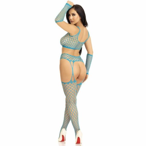 Leg Avenue komplet siateczkowy: top, pończochy i rękawiczki, niebieski