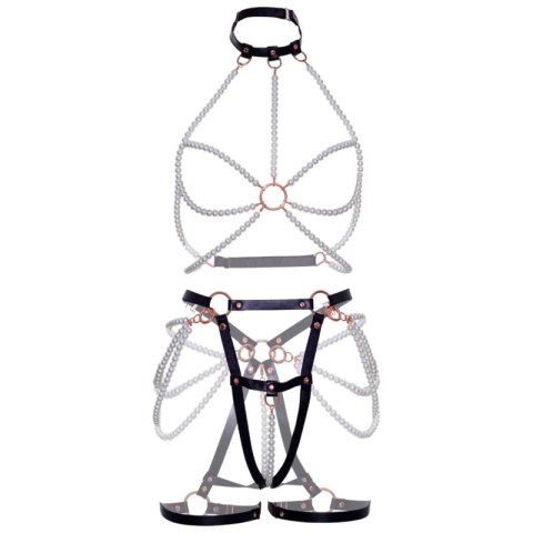 Leg Avenue Harness Pearl L - Uprząż z perłową ozdobą i biustonoszem, rozmiar L