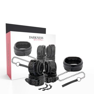 Darkness zestaw skorzany: czarny kołnierz z kajdankami i smyczą, regulowany