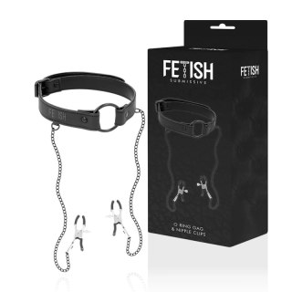 Fetish Submissive Ring Gag z zaciskami na piersi, skora wegańska