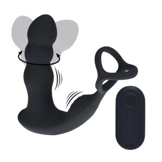 Dual Vibrating Remote Rotating Head Silicone Prostate Stimulator with Cock and Ball Ring - Black