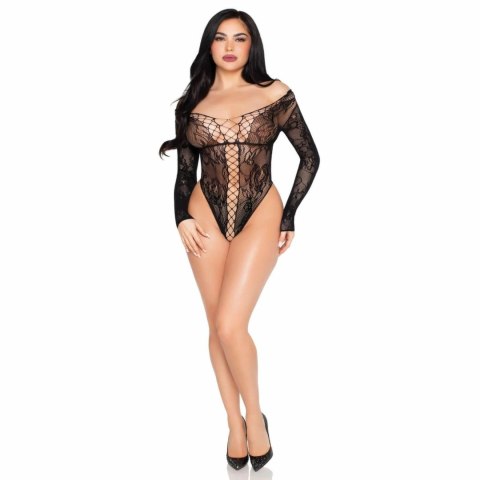 Leg Avenue Lace Teddy Black - koronkowe body z długim rękawem