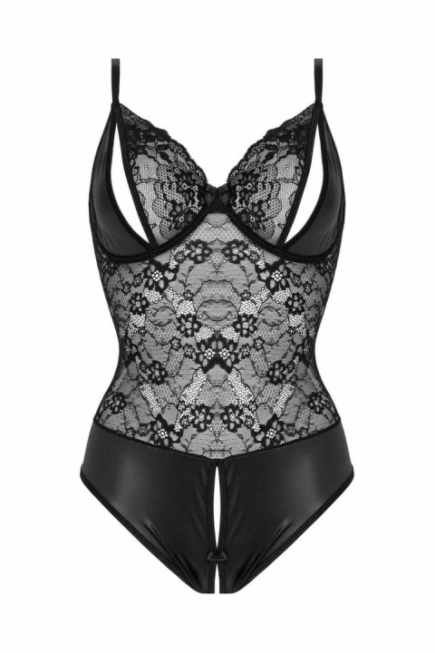 Christine Vesper - Body wetlook z koronką, czarne, otwarte miseczki L/XL