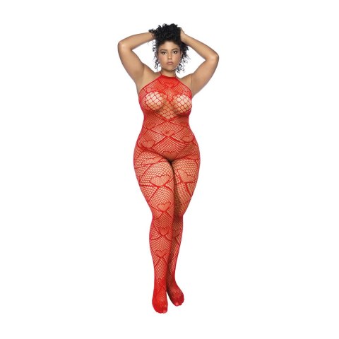 Mapale Heart Fishnet Bodystocking Queen Size Czerwony z Kryształkami