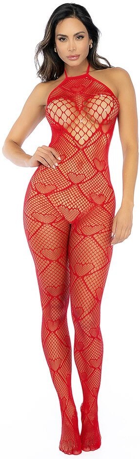 Mapale Heart Fishnet Bodystocking z Kryształkami Czerwony One Size