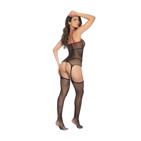 Mapale Nurse Fishnet Bodystocking z mankietami czarno-czerwony One Size
