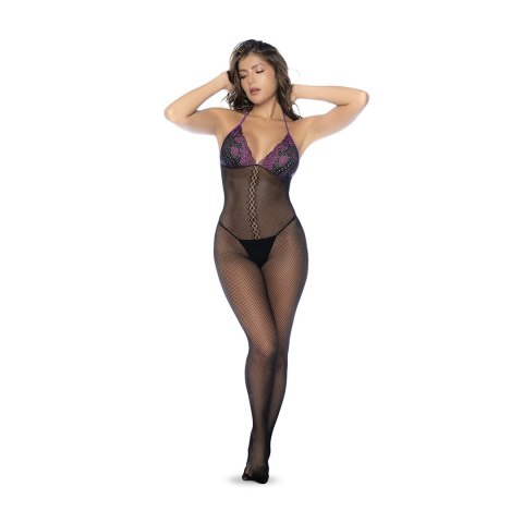 Mapele Bodystocking Fishnet & Lace Czarny/Fioletowy Uniwersalny