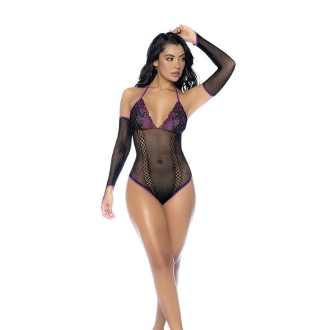 Mapele Fishnet & Lace Body komplet z rękawiczkami czarno-fioletowy uniwersalny