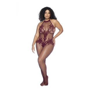 Mapele Halter Bodystocking Kwiatowy Queen Size Cherry czerwona