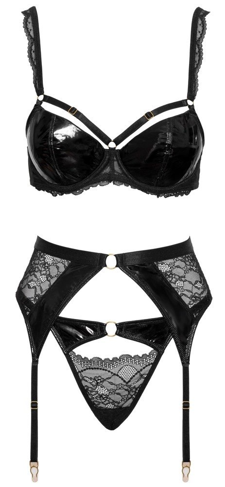 Cottelli Lingerie Zestaw Bielizny 3-częściowy, koronka i winyl 80B/M