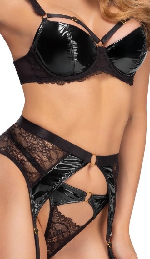 Cottelli Lingerie komplet 3-częściowy czarny koronka i winyl 85B/L