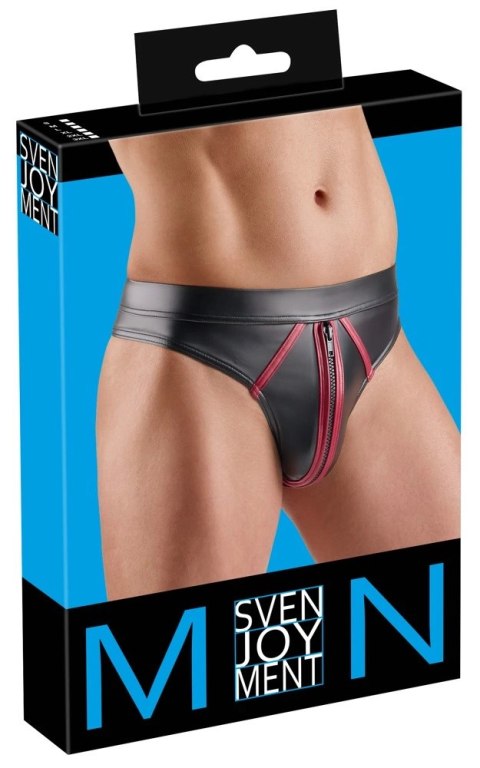 Svenjoyment Thong 3XL czarny wetlook z czerwonymi paskami i zamkiem