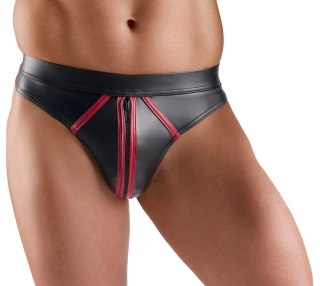 Svenjoyment Thong czarny wetlook z czerwonymi paskami, zamek, S
