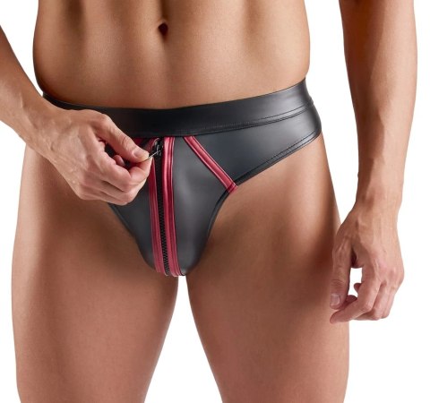Svenjoyment Thong czarny wetlook z czerwonymi paskami, zamek, S