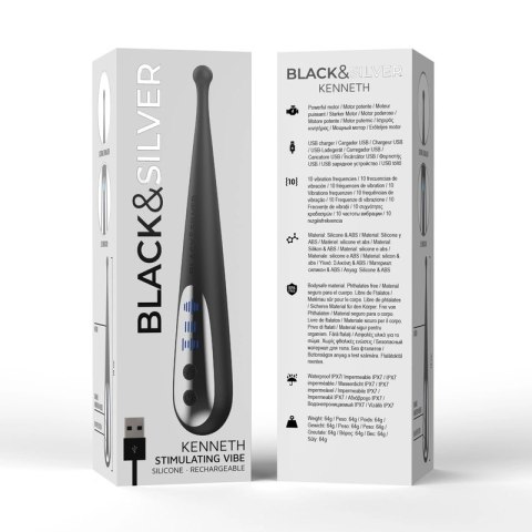 Black&Silver Kenneth - zaawansowany model wibrujący USB, silikon, 19 cm