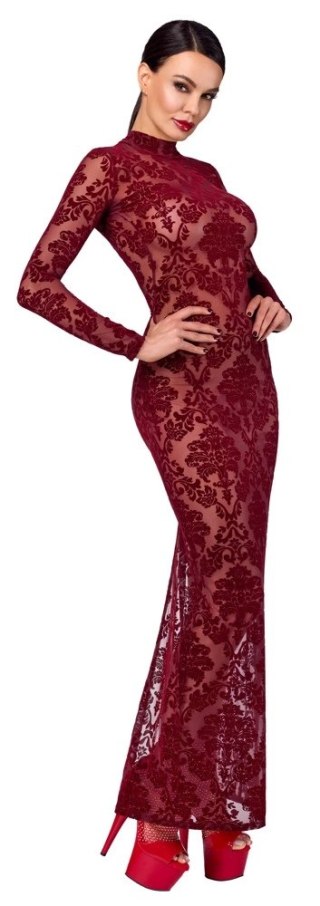 Noir Handmade Kink Royal długa sukienka XL burgund z aksamitnym wzorem