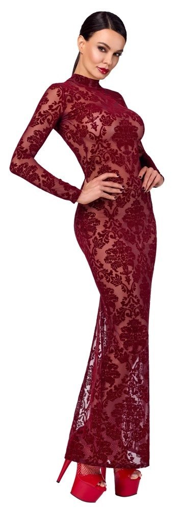 Noir Handmade Kink Royal długa sukienka bordowa z welurowym wzorem S