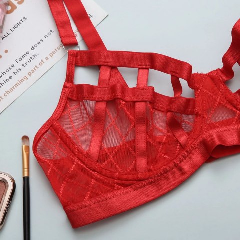 Diamond Net Three Piece Lingerie Set S/M czerwony komplet z pasem