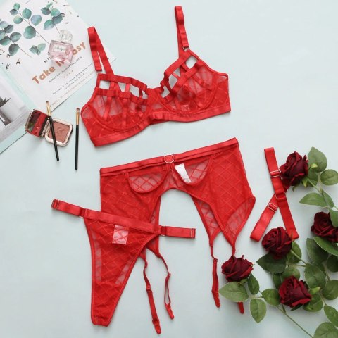 Diamond Net Three Piece Lingerie Set S/M czerwony komplet z pasem